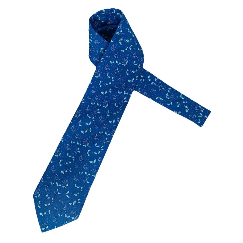 SALVADORE FERRAGAMO Tie 100% Silk 58” x 3-5/8” Blue Butterflies on Blue EUC - Picture 2 of 5